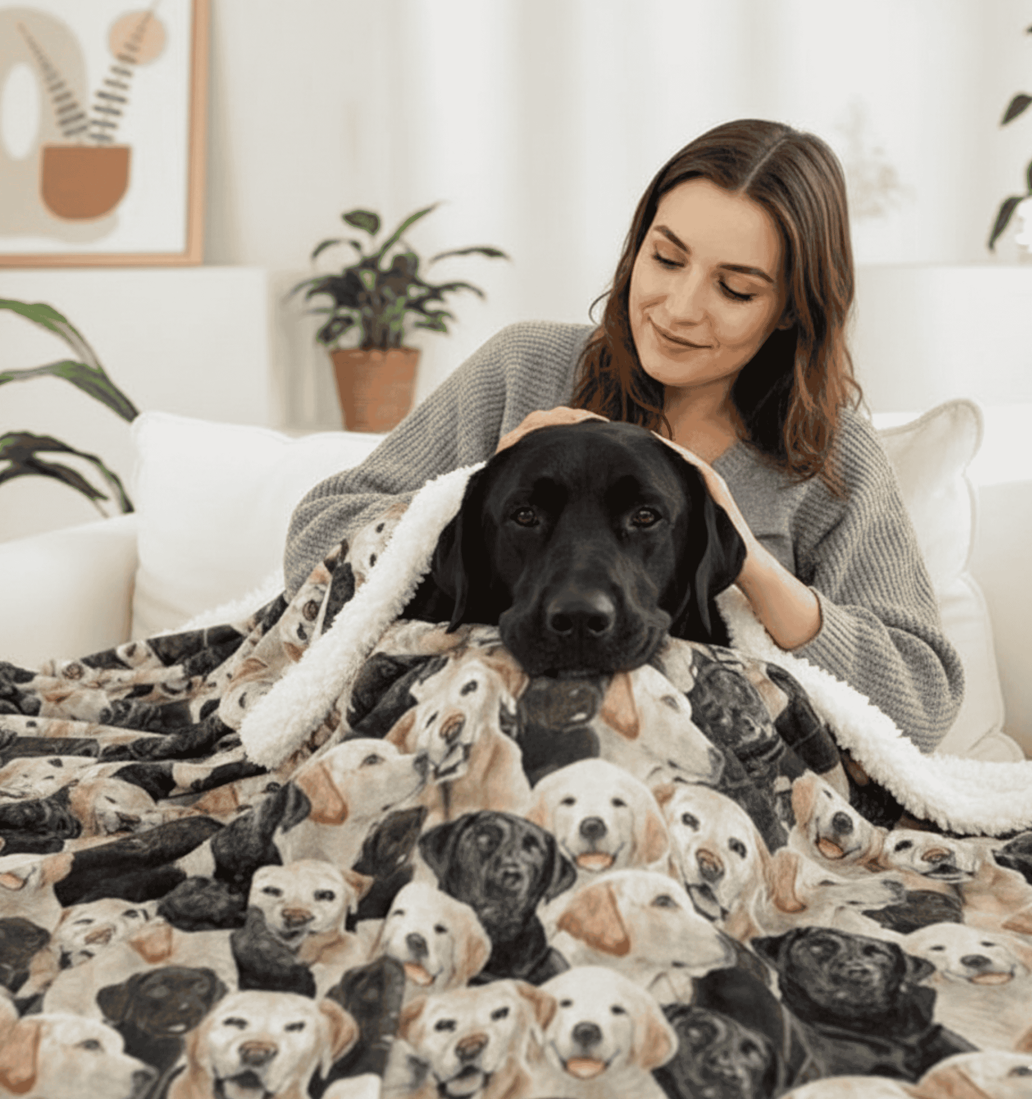 A dog and a person are snuggled together under a thick, fluffy, gray and white sherpa-lined blanket on a couch. The dog, a golden-colored retriever or similar breed, is sleeping peacefully with its head resting on the blanket. The blanket features a textured pattern.