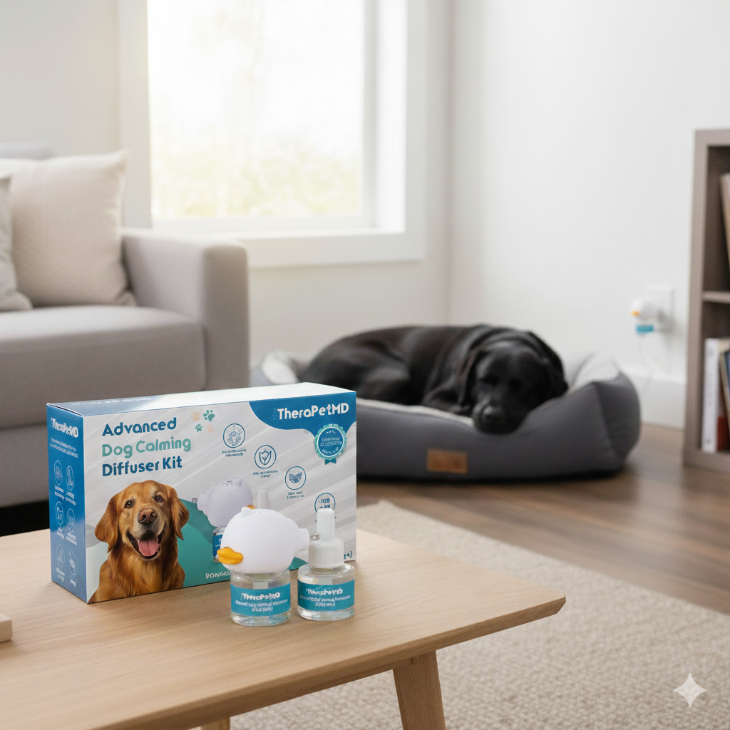 A black Labrador retriever sleeps peacefully in a gray dog bed in the background, while in the foreground, a TheraPetMD Advanced Dog Calming Diffuser Kit box, diffuser, and refill bottle sit on a coffee table in a bright living room.