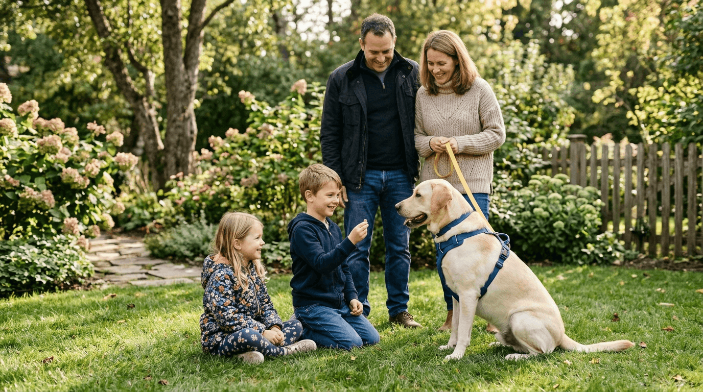 Family training labrador for calm behavior together at home