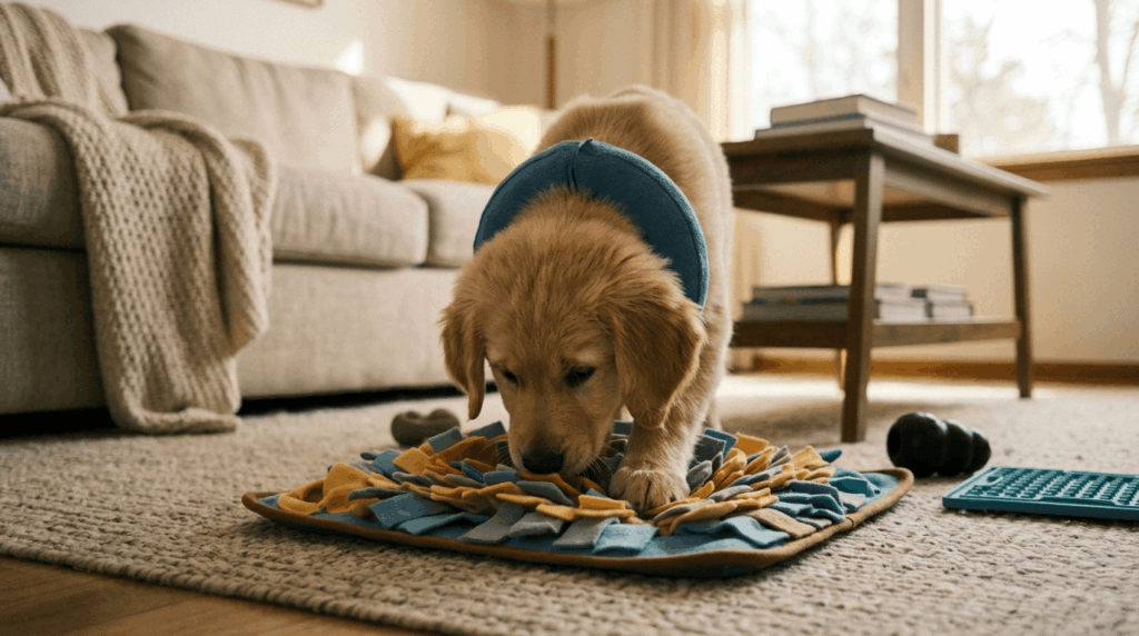 Interactive brain games and puzzle toys that calm and focus puppies.