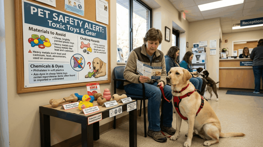 Warning about toxic materials in labrador toys and pet gear safety.