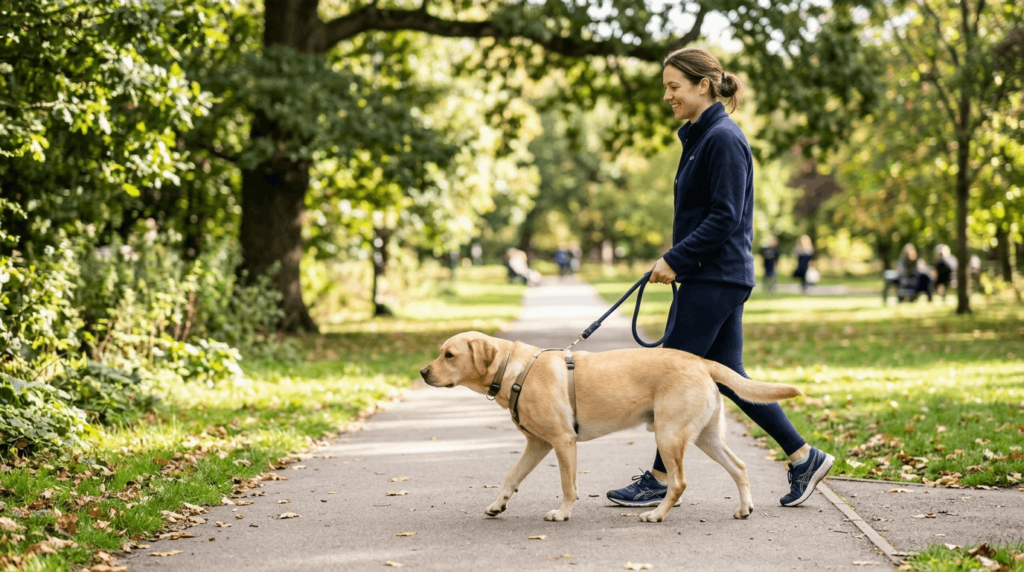Calm Labrador leash manners showing well-behaved dog walking without pulling