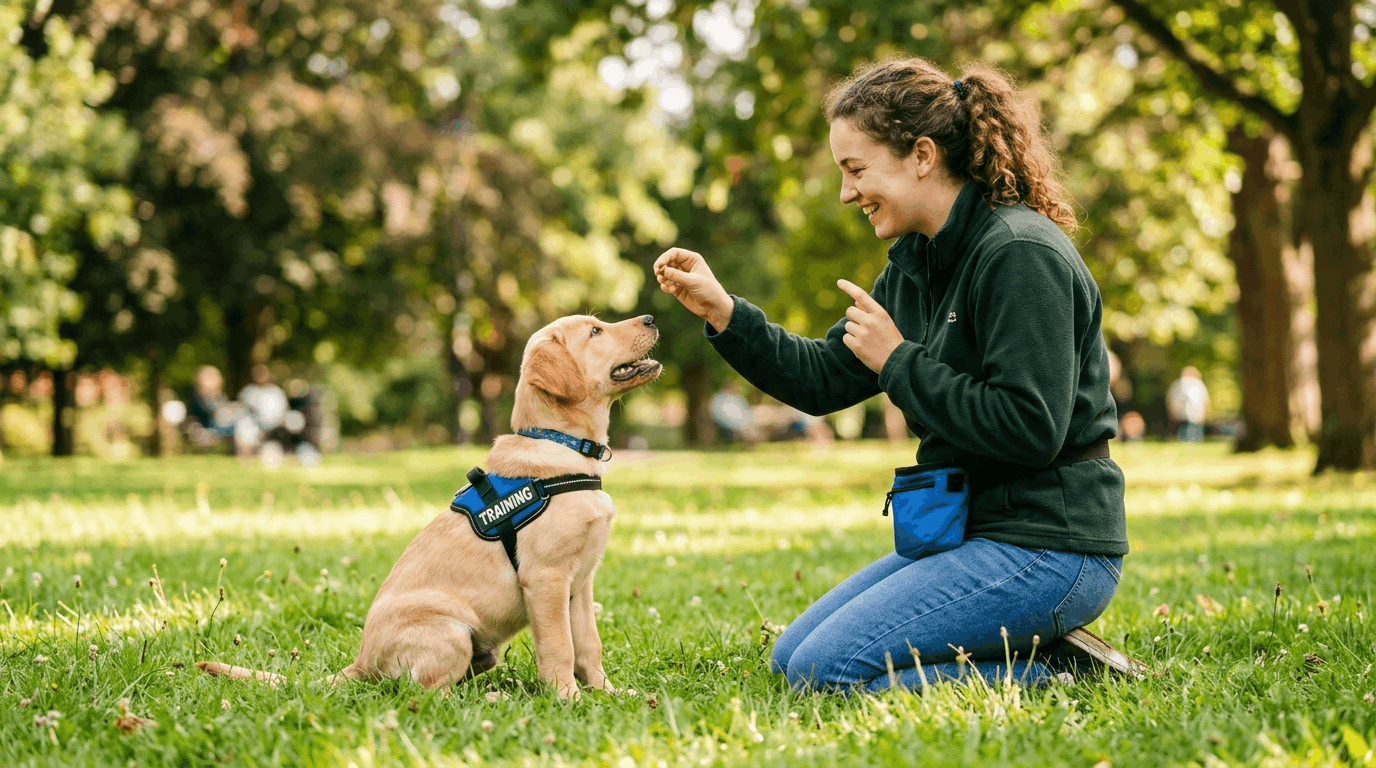 Train your Labrador puppy featuring early puppy training with basic commands, treats, and positive reinforcement.
